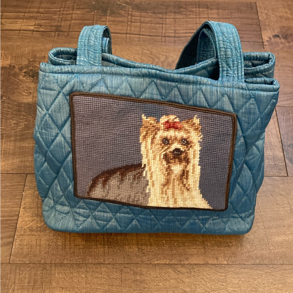 Quilted Teal Handbag with Yorkie Needlepoint Panel Dog Mom Whimsical